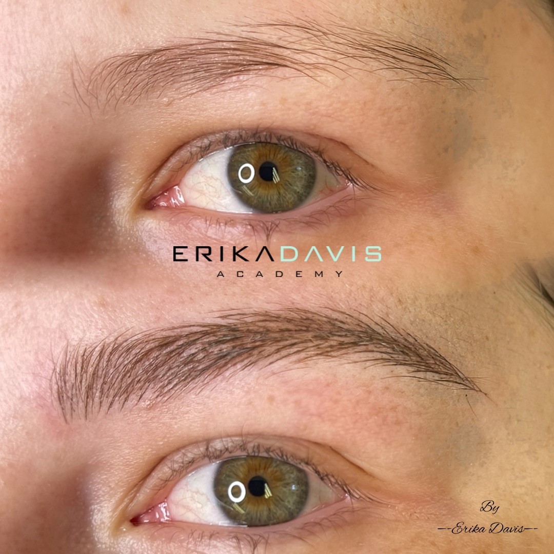 Soft permanent brow before and after result by Erika Davis Aesthetics