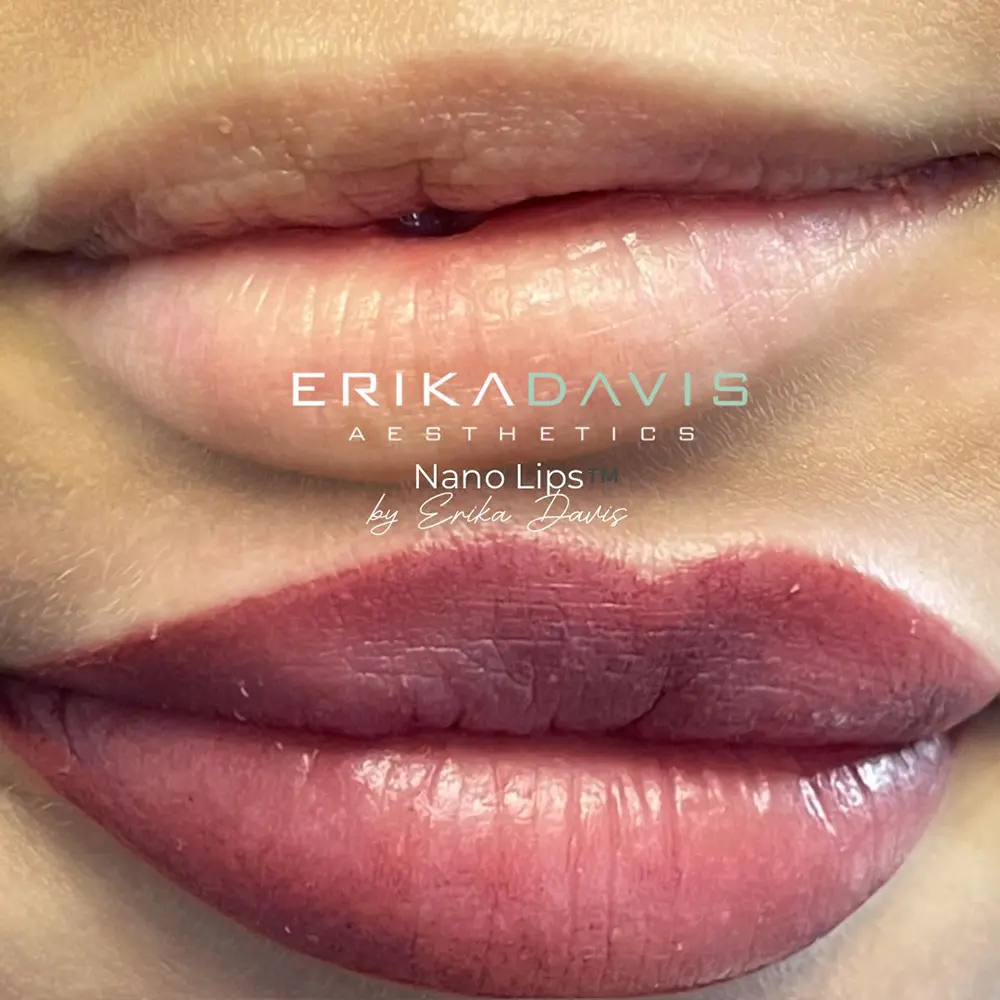 Nano lip blush before and after result by Erika Davis Aesthetics