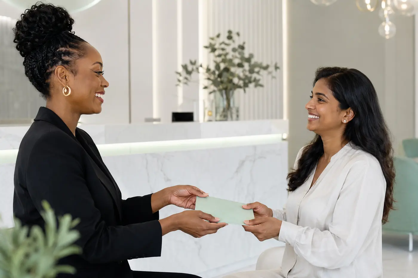 Two women exchanging an elegant treatment gift voucher