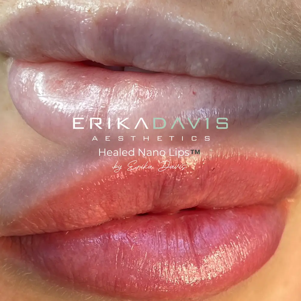 Healed nano lip blush before and after result by Erika Davis Aesthetics